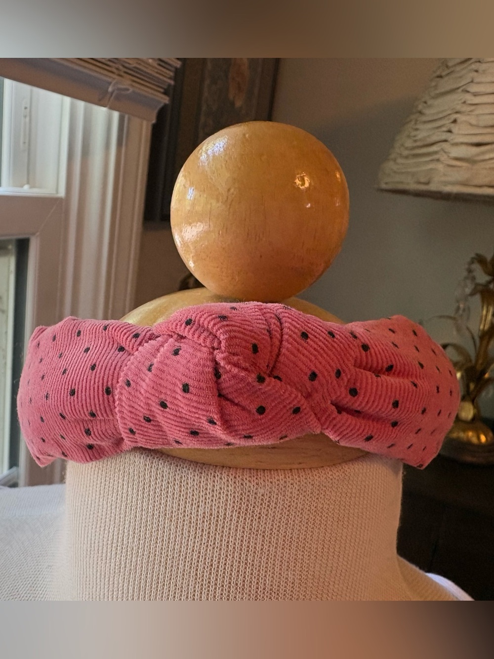 Pink Polka Dot Knotted Corduroy Headband